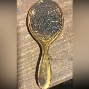 Vintage Brass Hand Mirror w/ Raised Pastoral Scene – Vanity Dressing Table Decor